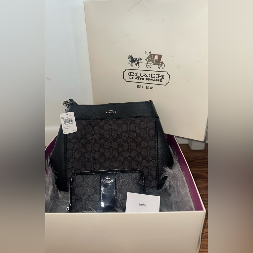 Coach Lexy Shoulder Black and Dark Gray Signature Bag/ Wallet